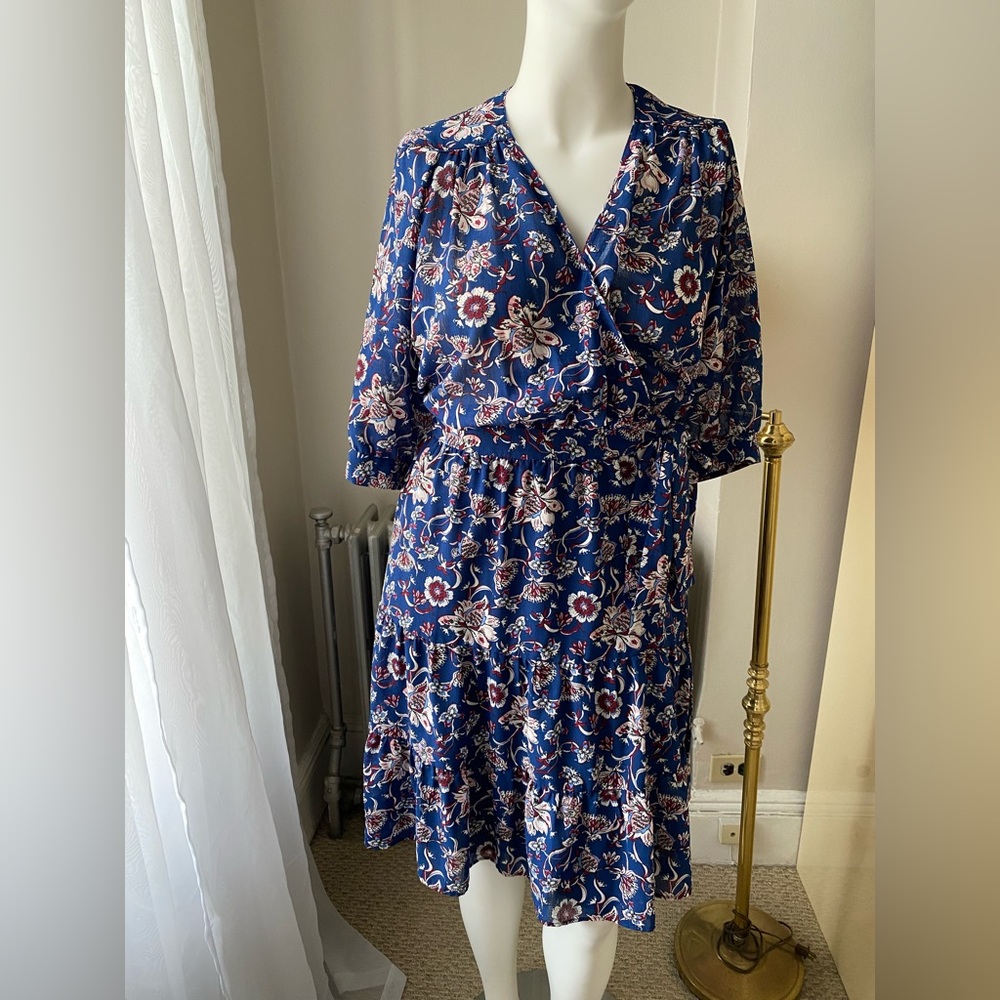 GERARD DAREL JUDIE WRAP FLORAL DRESS BLUE BURGUNDY WHITE FLOWERS